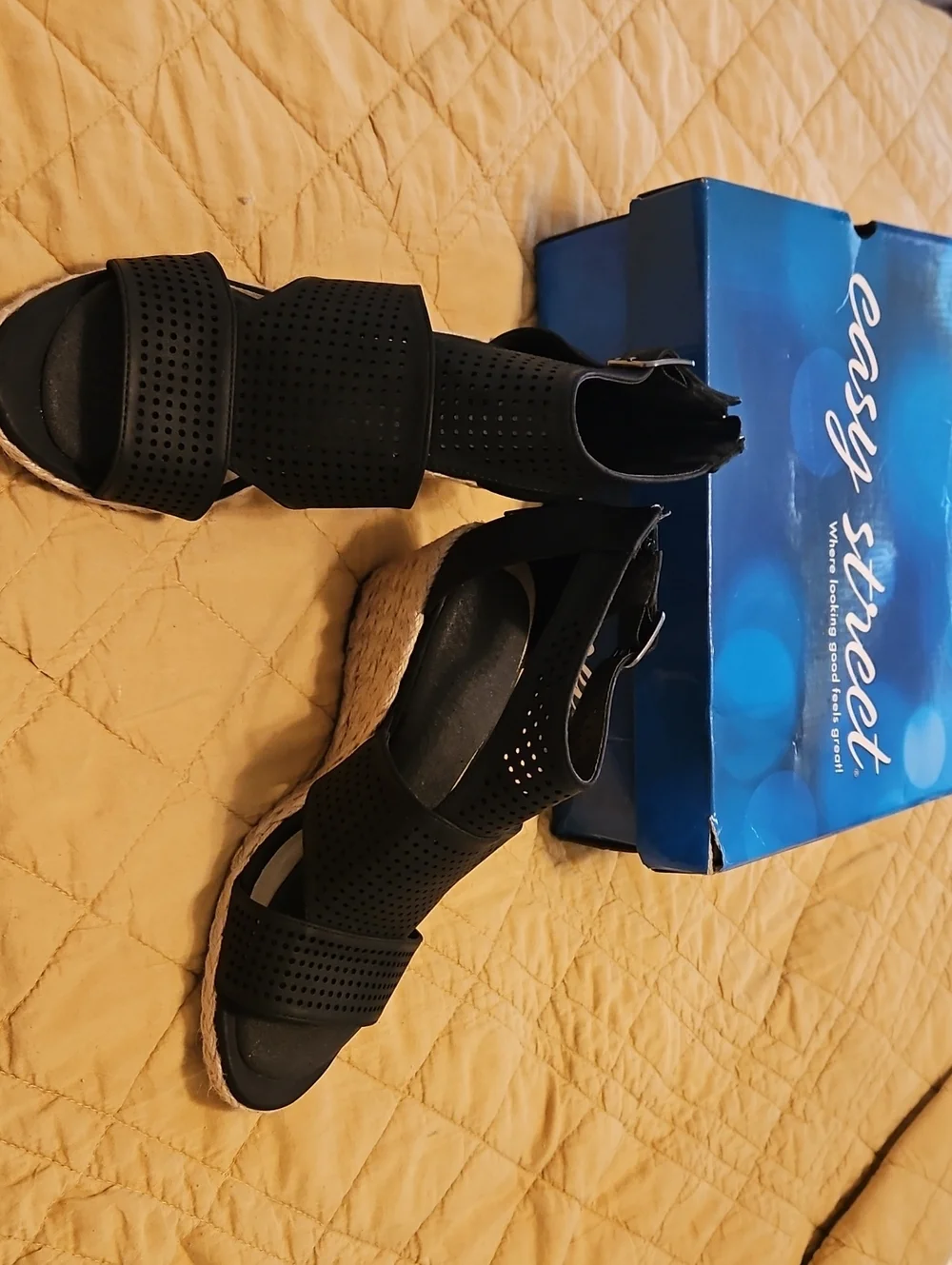 easy street Black Perforated Strappy Wedge Sandals